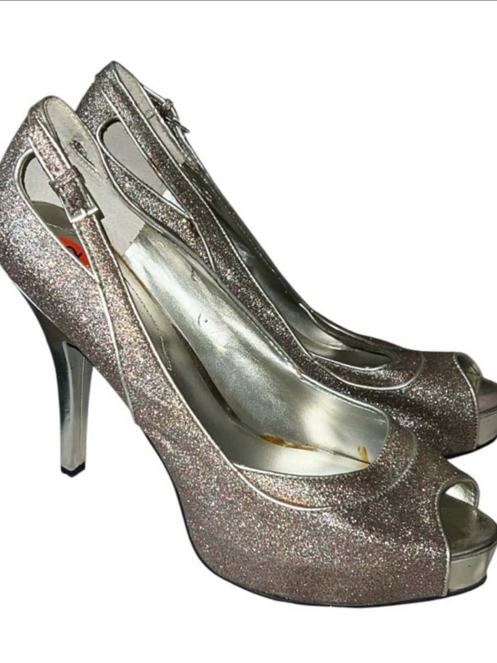 NWOB Guess LOUISA Peep Toe Platform Pump Heel Shoe Glitter Gold /Multi 9 1/2